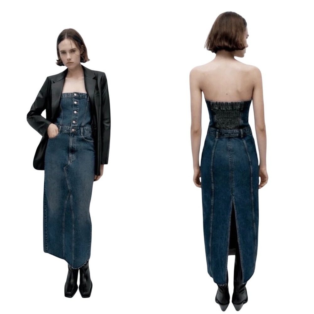 Zara TRF Denim Strapless Button Front Midi Dress Smocked Back Y2K Size S
